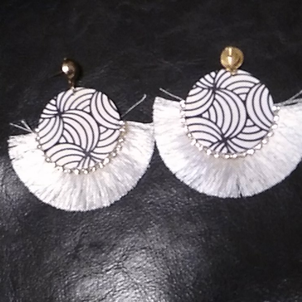 White with Black Swirls Tassel Earrings